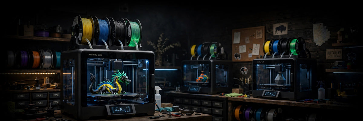 Bambu Lab AMS 3D printers printing at Buffalo Printing