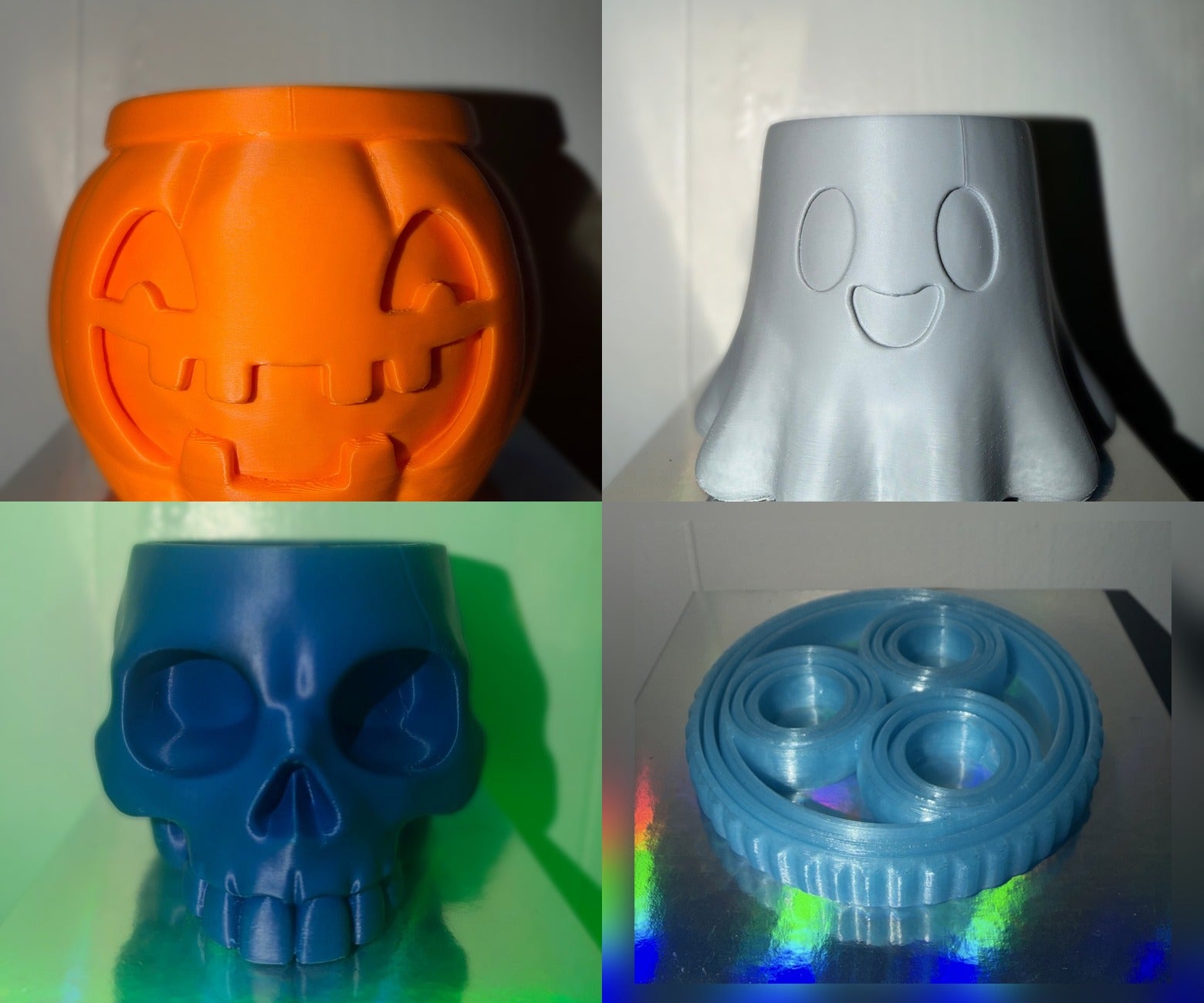 Collage of Buffalo Printing products: pumpkin bowl, ghost candle holder, skull bowl, rotating rings fidget toy